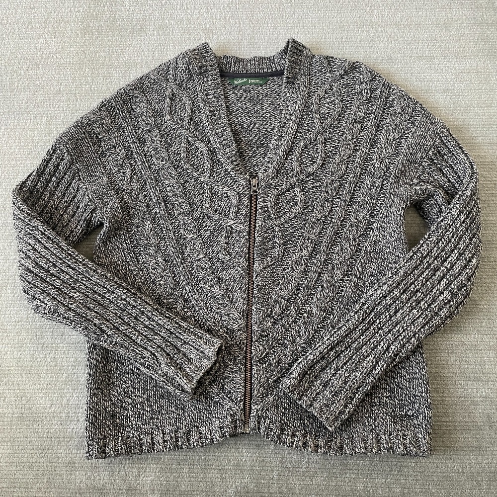 Woolrich Sweater Women M Black Marl Full Zip Cable Knit Preppy‎ Classic Academia